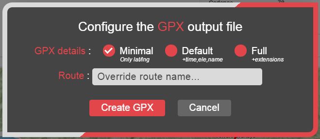 The configuration window for the GPX output