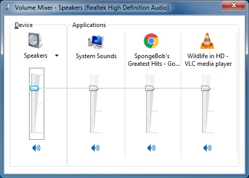 The Volume Mixer panel from Windows 7, the master volume is the Speaker far to the left. Then each application can be controlled individually if need be.