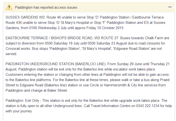 TFL website information for Paddington station<br>(only the past paragraph is what is available in TrackerNet)