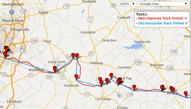 Example showing the improved accuracy of the new track output. The red line here indicates the new improved route, blue the old accuracy for the same route.