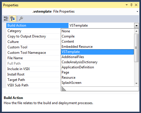 Choose build action <i>VSTemplate</i> for all .vstemplate files